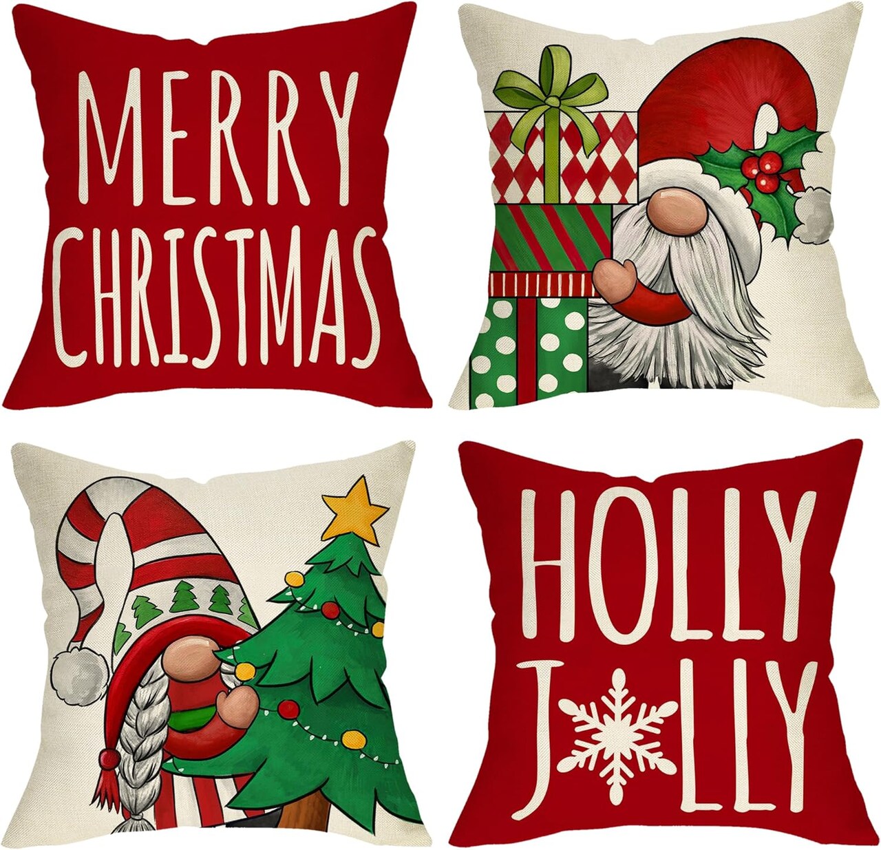 Merry Christmas Gnome Decorative Throw Pillow Cover 18 x 18 Set of 4, Xmas Tree Holly Jolly Red Porch Patio Home Decor, Winter Holiday Snowflakes Polka Dot Gifts Outdoor Sofa Couch Cushion Case